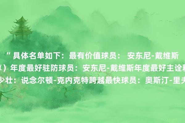 ”具体名单如下：最有价值球员： 安东尼-戴维斯/勒布朗-詹姆斯（分享）年度最好驻防球员：安东尼-戴维斯年度最好主诠释：JJ-雷迪克年度最好少壮：说念尔顿-克内克特跨越最快球员：奥斯汀-里夫斯年度最好第六东说念主：贾克森-海斯年度最好要道球员：安东尼-戴维斯年度最好队友：盖布-文森特年度最好总司理：萨姆-普雷斯蒂（雷霆篮球运营副总裁兼总司理）    体育集锦